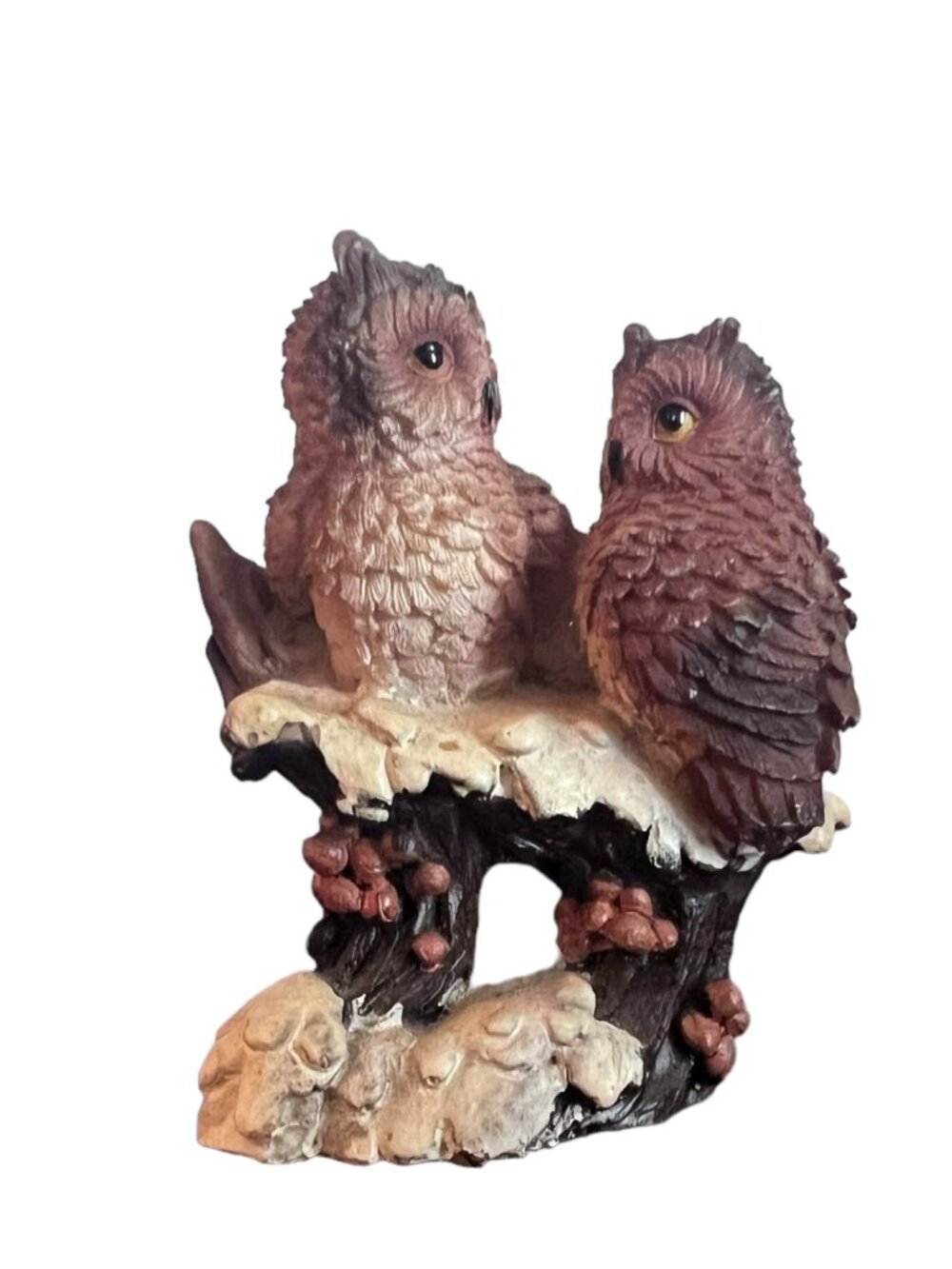 Vintage Owl Figurine Pair Brown Owls On Log Resin Bird Statue 3 Inch